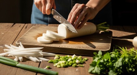 Obraz premium A person skillfully chopping a white vegetable on a wooden cutting board in a kitchen setting.