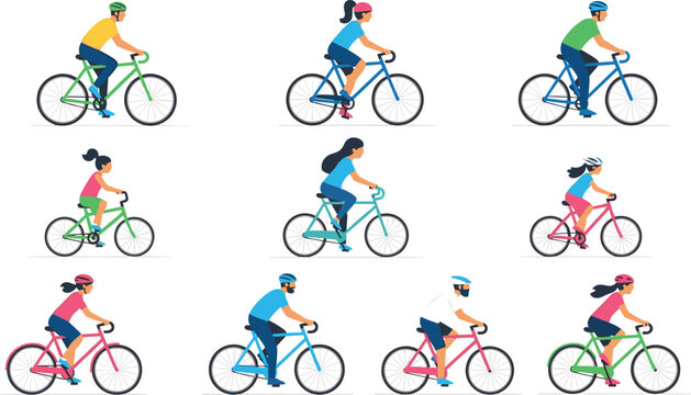 Cyclists riding bicycles vector set in flat style, men and women biking characters collection for sport, fitness, urban commuting and healthy lifestyle design