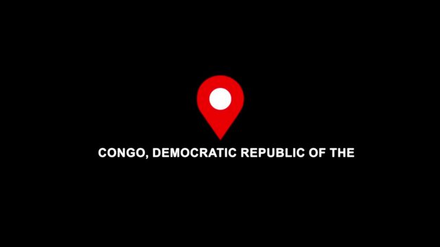 Congo, Democratic republic of the location symbol. Panama country name text down location pin pointer icon black background 4K video.