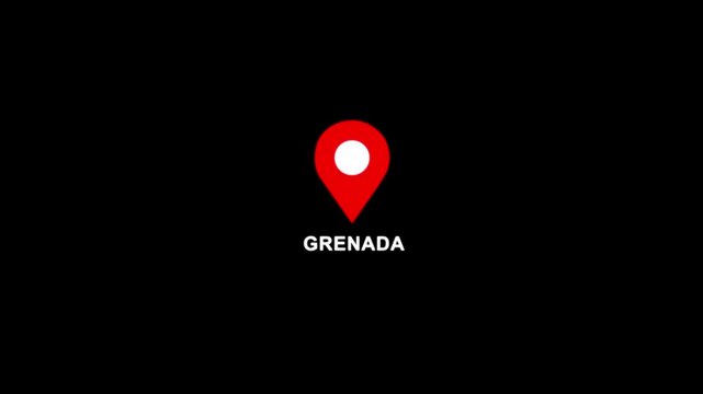 Grenada location symbol. Panama country name text down location pin pointer icon black background 4K video.