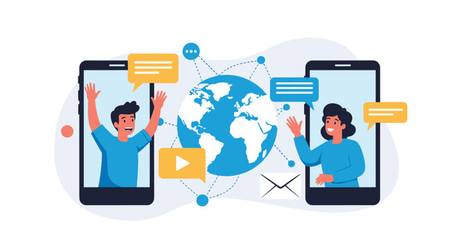 Man and woman connect via video call on mobile smartphones with a globe and communication icons between them representing global reach.
