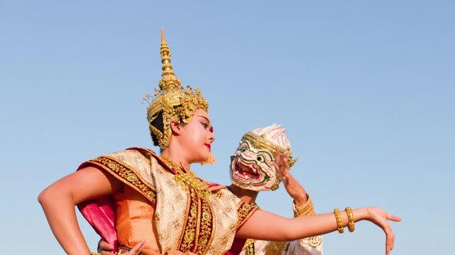 Masked Hanuman and Suphannamatcha Perform Traditional Khon Dance at Wat Suthat