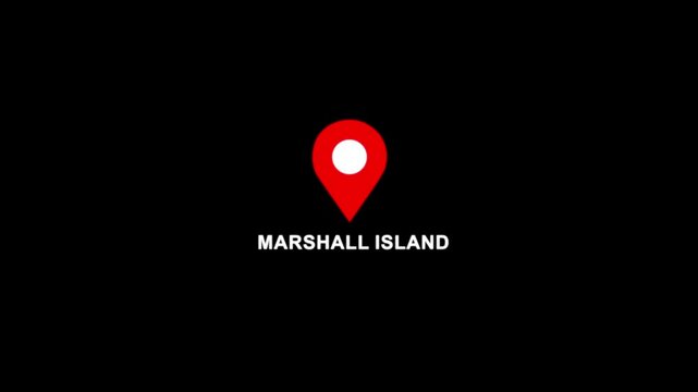 Marshall island location pin animation. Map marker icon with country name on black background 4k video.