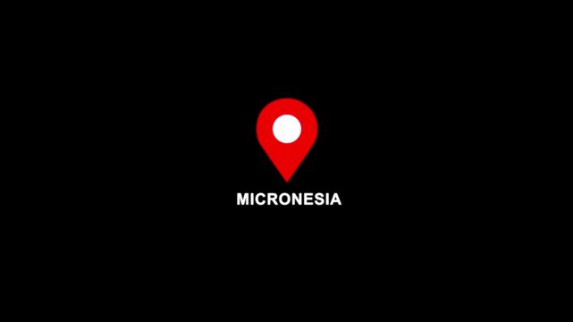 Micronesia location pin animation. Map marker icon with country name on black background 4k video.