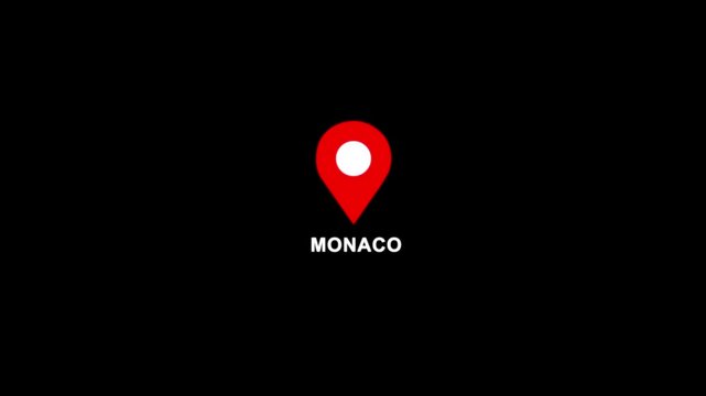 Monaco location pin animation. Map marker icon with country name on black background 4k video.