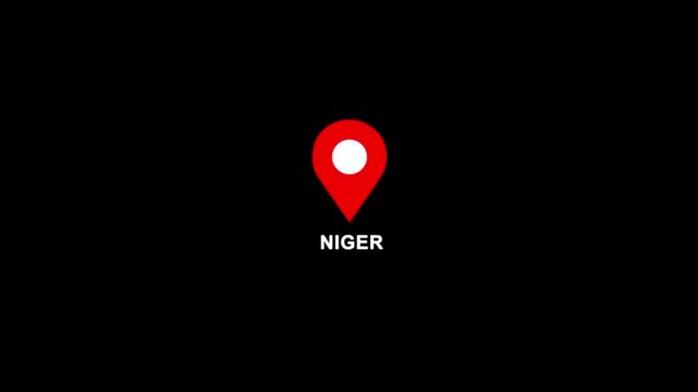 Niger location pin animation. Map marker icon with country name on black background 4k video.