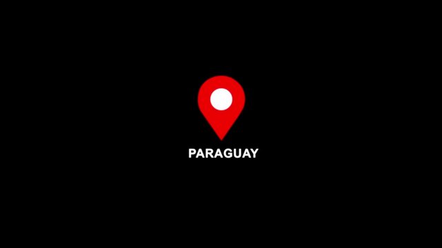 Paraguay location pin animation. Map marker icon with country name on black background 4k video.