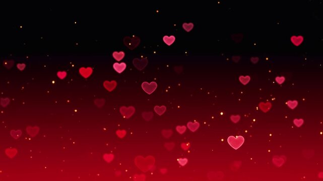 neon valentines day hearts and gold glitter on red animation, love and passion 14 February and anniversary celebration social media motion background