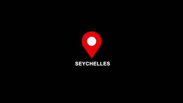 Seychelles location pin animation. Map marker icon with country name on black background 4k video.