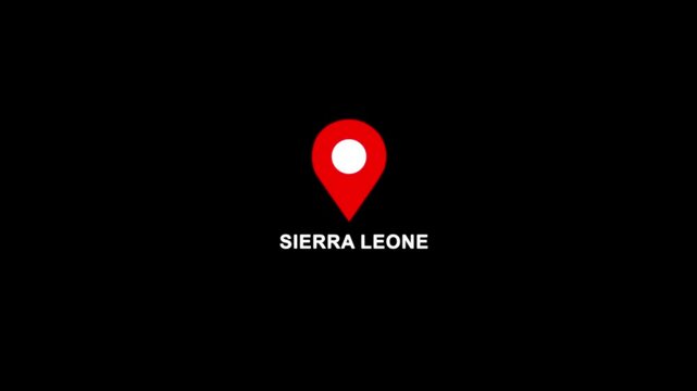 Sierra Leone location pin animation. Map marker icon with country name on black background 4k video.