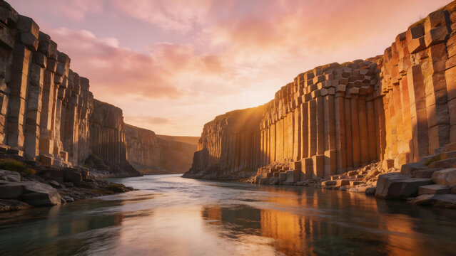 Sunset over hexagonal rock formations