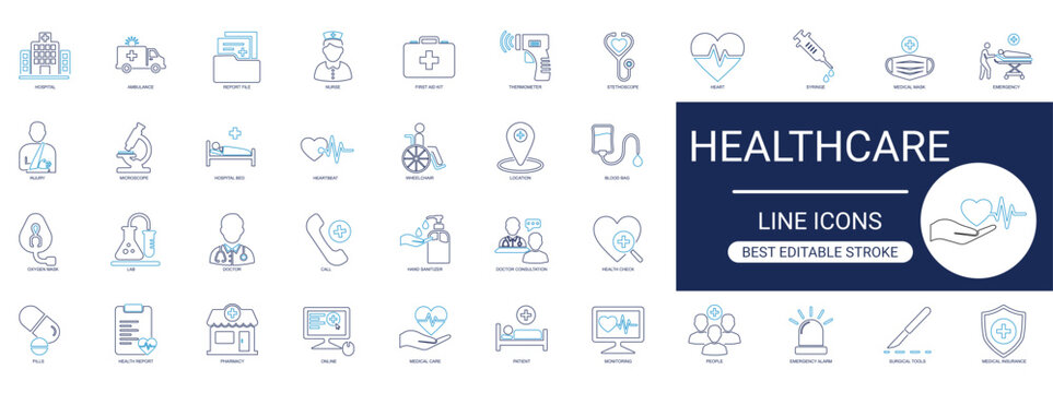 healthcare line icon set. medical, hospital, doctor, wellness, treatment, emergency, clinic, patient, medicine, nursing. minimal outline vector pack