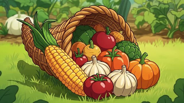 Woven cornucopia overflowing with produce in a garden, cartoon style illustration