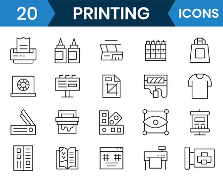 Printing icon set. Out line icon of digital printing, scanner, offset machine, plotter, brochure, rubber stamp. Vector illustration.