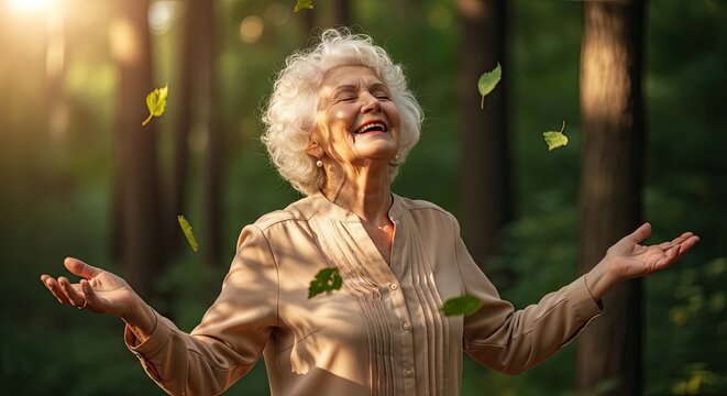 Happy elderly woman laughing out loud in a park for World Laughter Day senior joy and health