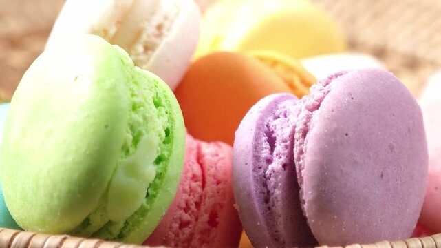 tack of colorful macarons with detailed textures and vibrant colors
