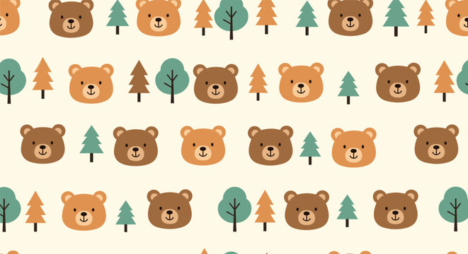Seamless repeating pattern featuring adorable bear faces and small forest pine trees in various shades of brown and green on a light cream background.