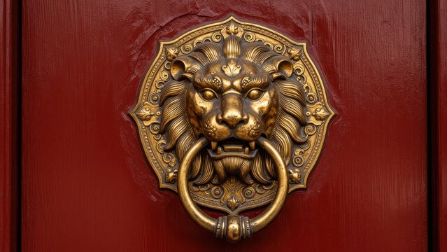 Ornate Lion Head Door Knocker on Red Wooden Door