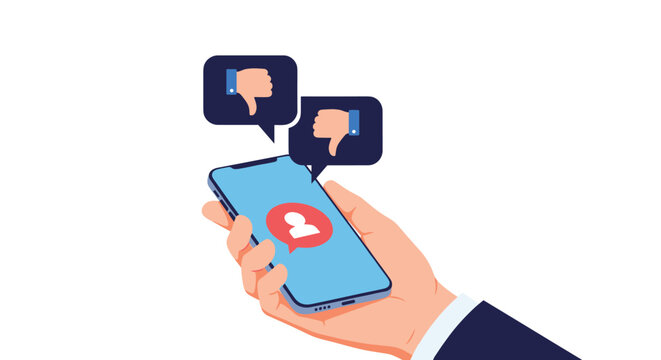Human hand holding a smartphone with negative feedback thumbs down notification icons representing social media dislike and criticism.
