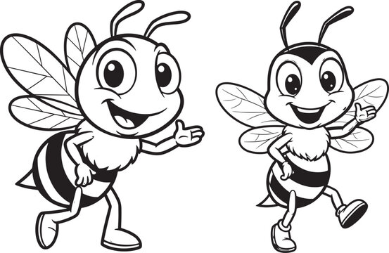 Two happy cartoon bees smiling and waving one running one standing with black and white line art illustration standing character childish friendly pollination hymenoptera graphics together