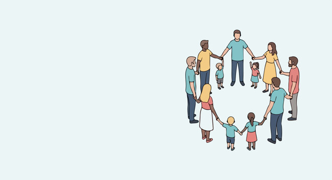 Diverse community circle holding hands vector illustration. People united in friendship and support, representing unity and togetherness. Concept community for social media and web design.