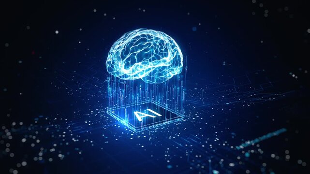 AI brain emerging from digital processor chip, symbolizing artificial intelligence, neural networks, machine learning, and advanced computing technology innovation. Technology background concept