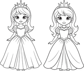 Estores personalizados con tu foto Two cute cartoon princesses with crowns and elegant dresses outlined in black and white for coloring line art fairy tale white background line drawing coloring page princess princesses