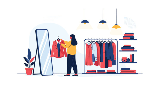 Woman shopping in a modern clothing boutique looking at a stylish red jacket in a tall mirror with racks of apparel and accessories nearby.