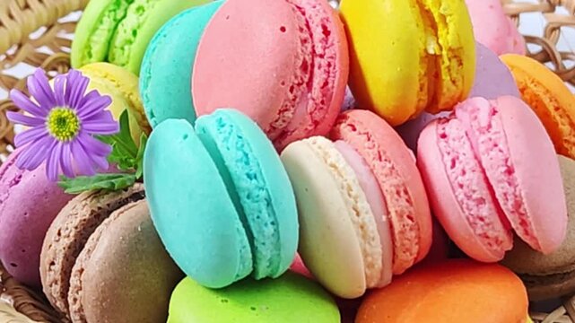 tack of colorful macarons with detailed textures and vibrant colors
