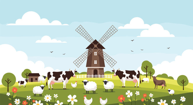 Peaceful farm landscape with traditional windmill and various domestic animals grazing on beautiful green rolling hills.