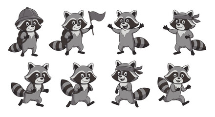 Happy Cartoon Raccoon Characters with Backpacks and Hats Adventuring in a Playful Style © Clovernand