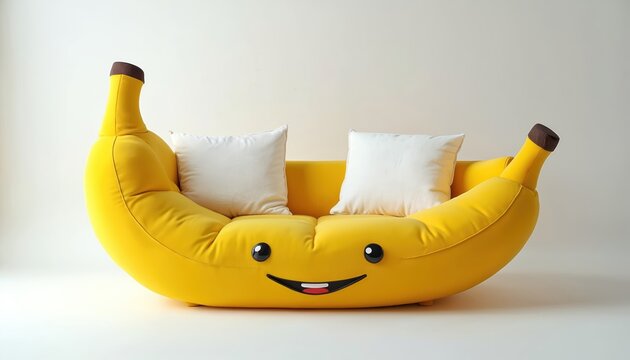 Bright yellow banana shaped couch with smiling face. White cushions add comfort to this quirky, fun furniture. Modern home decor with playful design.