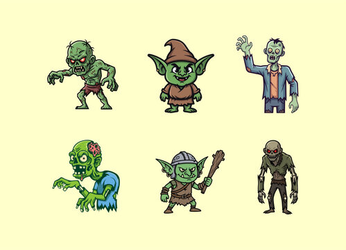 pixel art style monster and zombie characters in one panel. There are several fantasy creatures such as pointy-eared green goblins, zombies in tattered clothes, mutant monsters, and scary undead chara