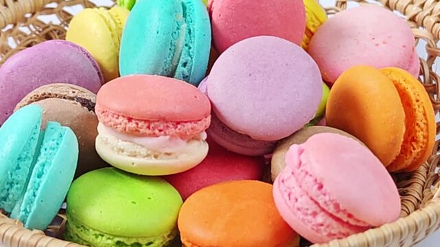 tack of colorful macarons with detailed textures and vibrant colors
