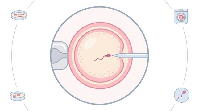 Medical Illustration of IVF and Fertility Treatment Process Showing Sperm Entering an Egg Cell in a Lab Setting