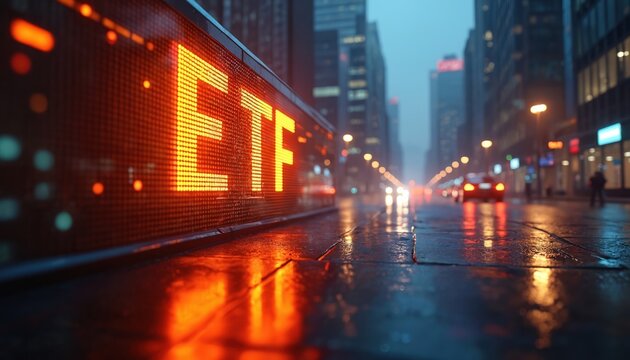 Bright orange ETF sign glows on wet city street at night. Cars drive by on road reflecting lights. Buildings line road with glowing windows and signs. Moody atmosphere.