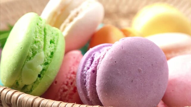 tack of colorful macarons with detailed textures and vibrant colors
