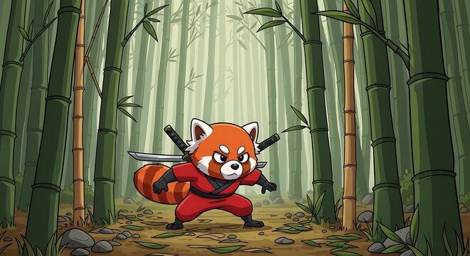 Cartoon red panda ninja standing in a bamboo forest, poised for action with two swords crossed on its back. The illustration has a stylized cartoon aesthetic