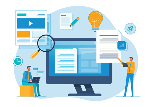 online content marketing creator team working together concept. business meeting and planning. flat vector illustration design 
