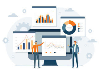 Fototapeta premium business people working meeting for data analytics and monitoring on web report dashboard monitor and business finance investment concept. flat vector illustration 