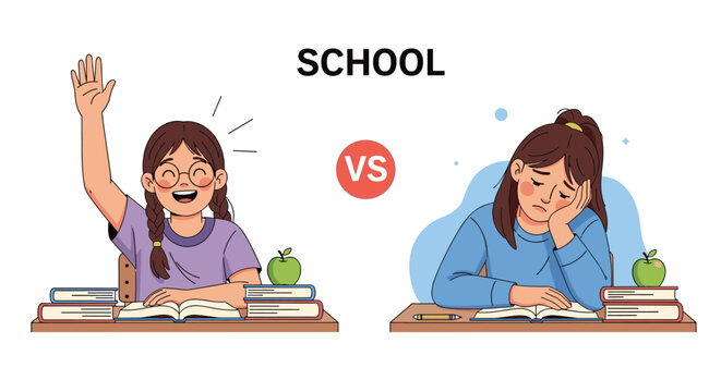 Comparative illustration showing two schoolgirls representing positive and negative learning experiences in classroom.