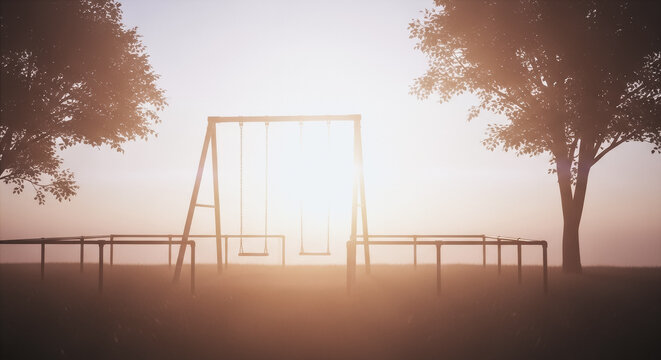 Empty swing set in a misty park at sunrise, nostalgic playground scene shrouded in thick fog with golden lens flare
