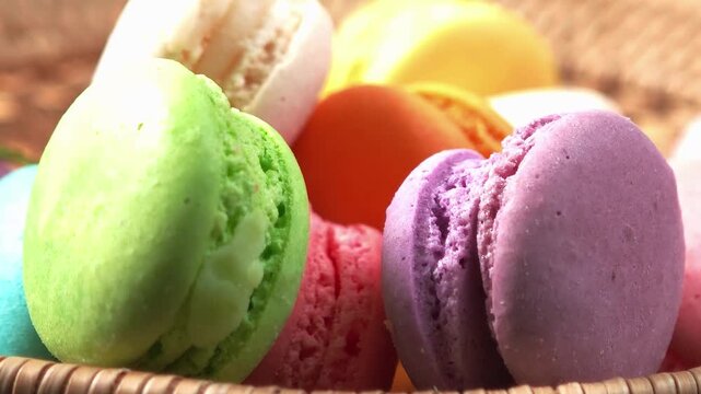 tack of colorful macarons with detailed textures and vibrant colors
