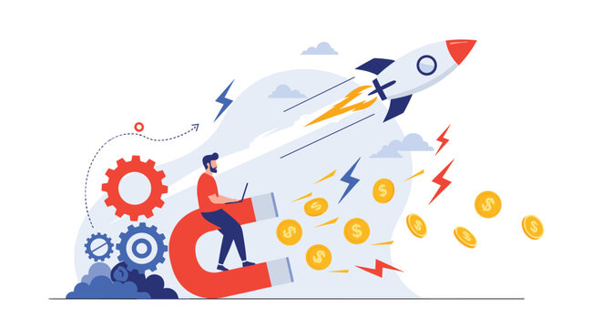 Innovative man uses a laptop and a powerful magnet to attract wealth and drive the launch of a successful business rocket ship.