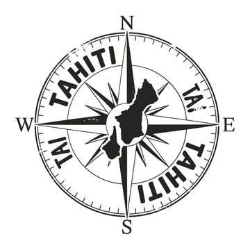 A vintage compass rose featuring the island of tahiti at its center