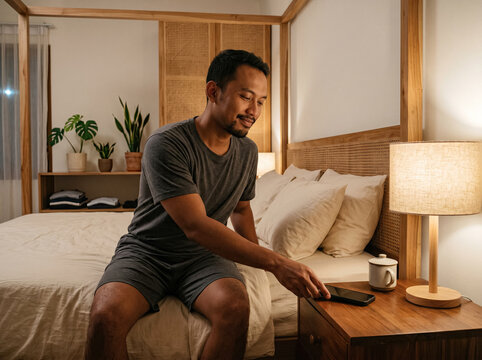Tired man sitting on the edge of a bed reaching for a bedside lamp.generative AI