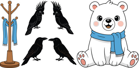 Cute Polar Bear with Scarf, Black Crow and Cockatoo Bird Silhouettes, and Wooden Coat Rack Stand Vector Illustration Set for Winter Designs © AlviAhmed