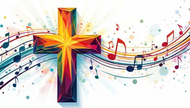 Colorful cross with musical notes and staff. Abstract design with vibrant radiating lines and bokeh effects. Represents faith, worship, and celebration through music.
