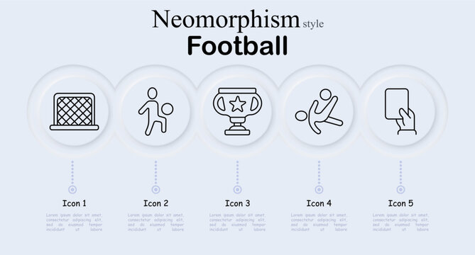 Football sport set icon. Goal net, dribbling player, champion trophy cup, bicycle kick athlete, referee card decision, stadium match, team competition, soccer tournament