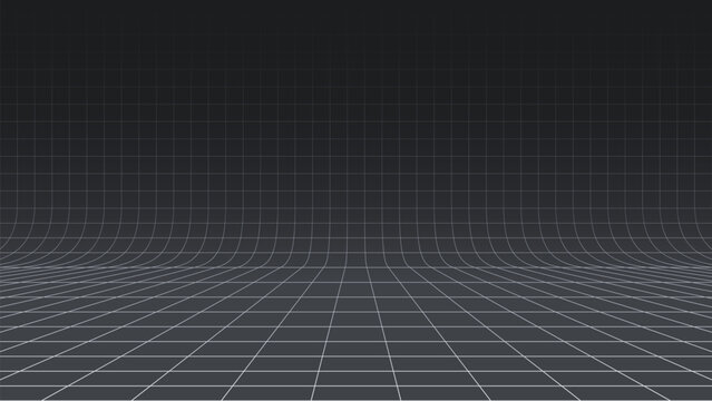 Dark gray background with white perspective grid lines in a square pattern. Template platform for technology, user interface, industry, science, blueprint, or infographic concept. Vector illustration